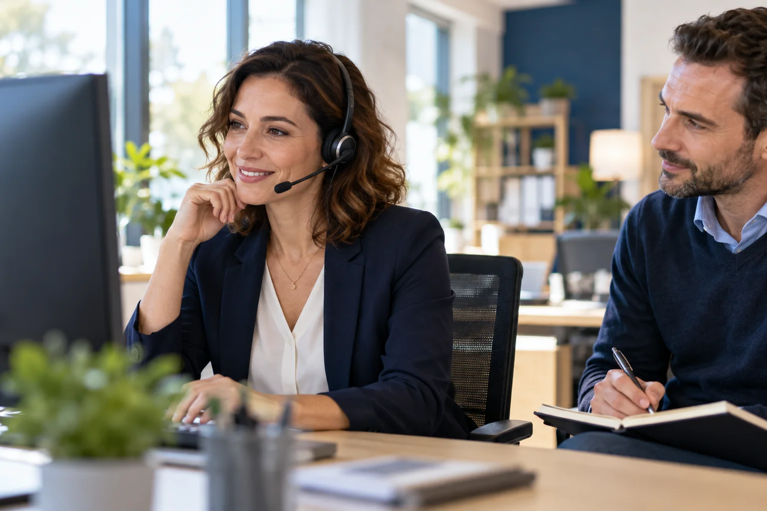 Une conseillère équipée d’un casque téléphonique s’entraîne à l’accueil client avec un formateur dans un bureau.