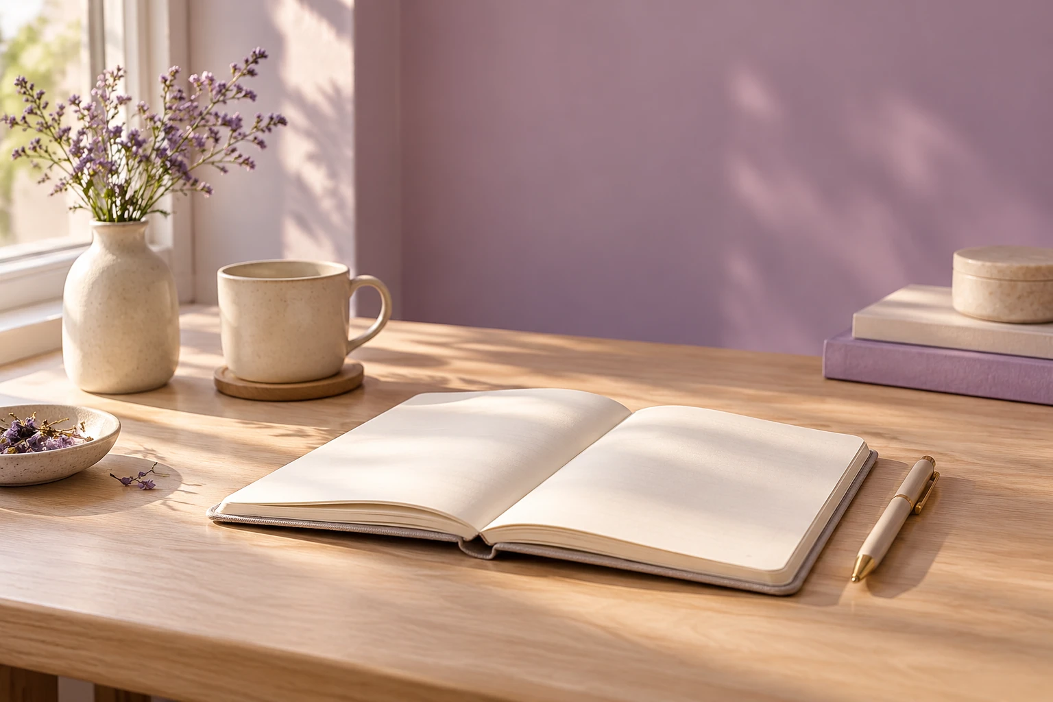 Bureau ensoleillé avec carnet ouvert, stylo, tasse et pot de fleurs lavande