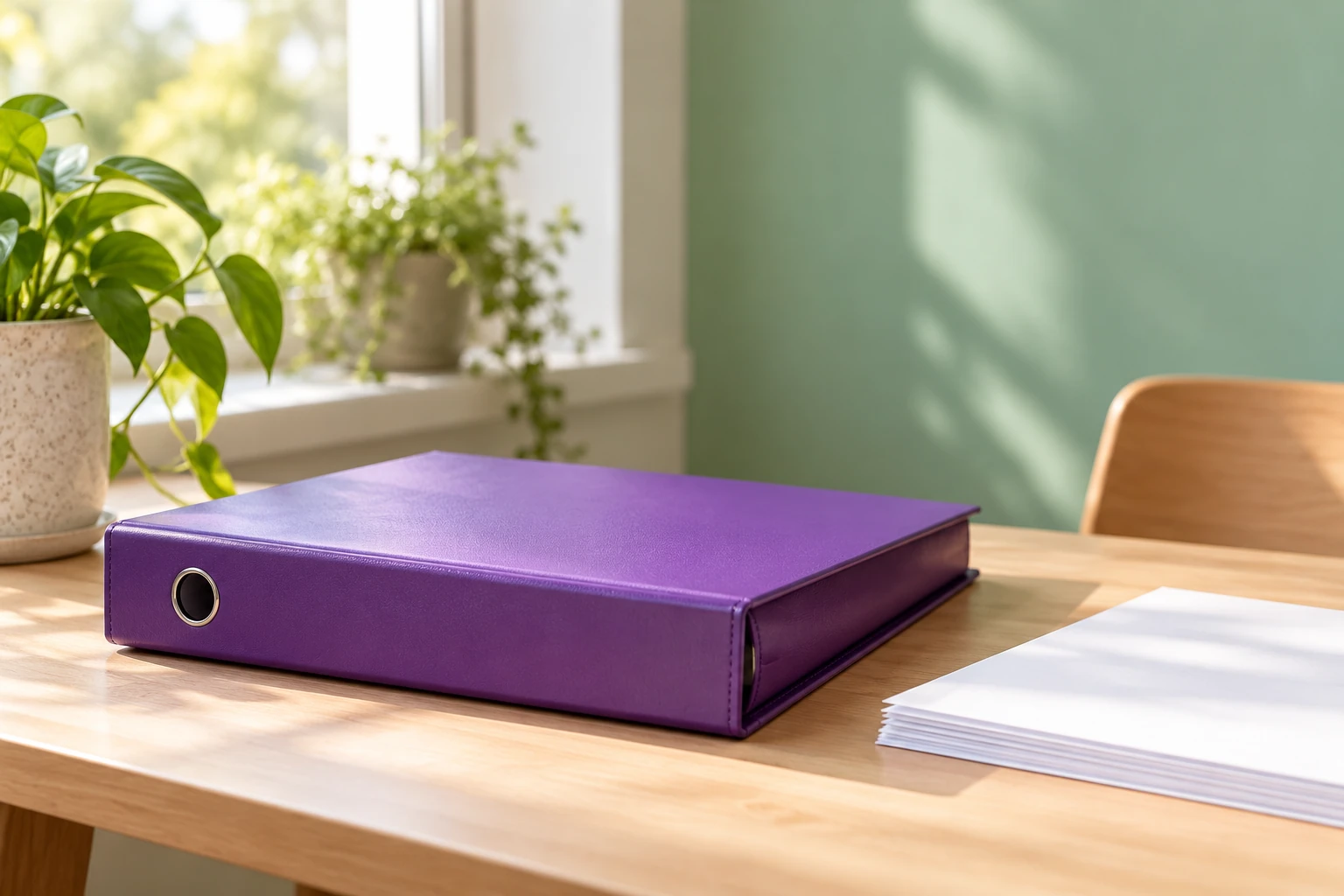 Classeur violet posé sur bureau avec piles de papiers et plante près fenêtre