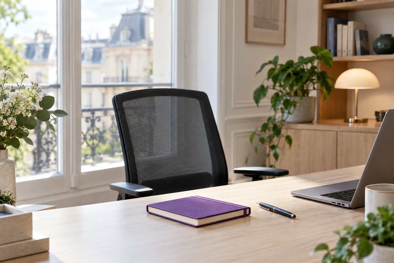 Bureau lumineux vide avec fauteuil, carnet violet, stylo et ordinateur portable ouvert