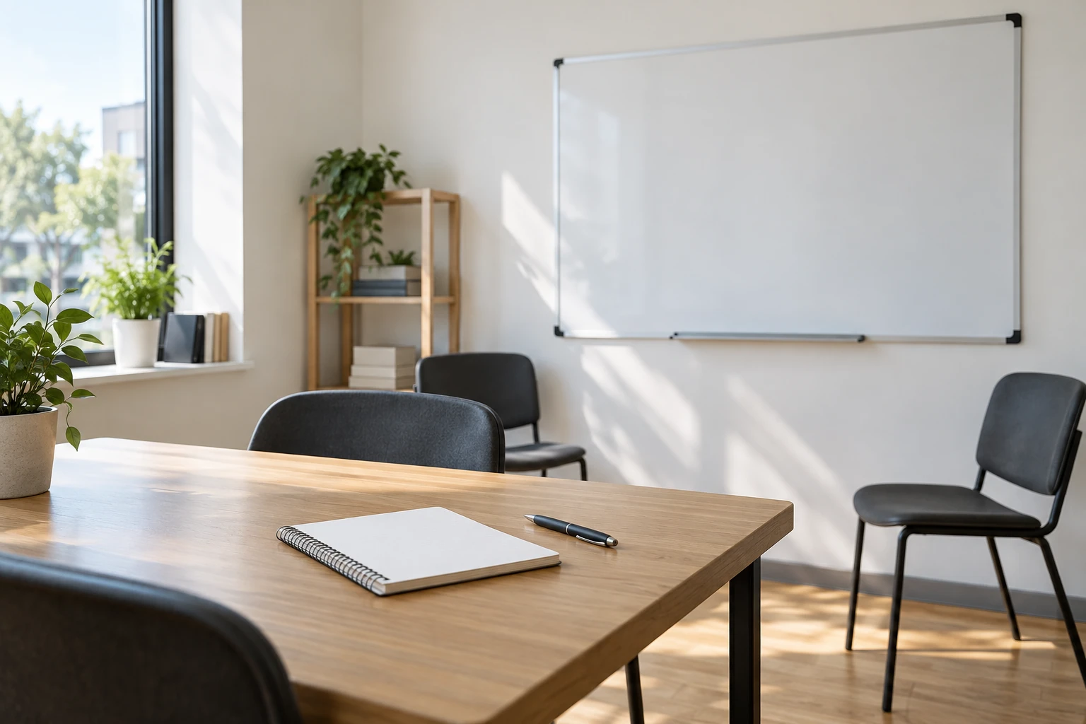 Table avec cahier et stylo, chaises, tableau blanc et plantes dans salle claire