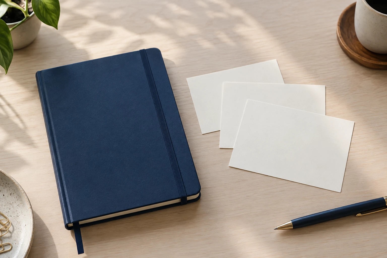 Carnet bleu fermé, trois cartes blanches empilées, stylo et tasse sur bureau lumineux
