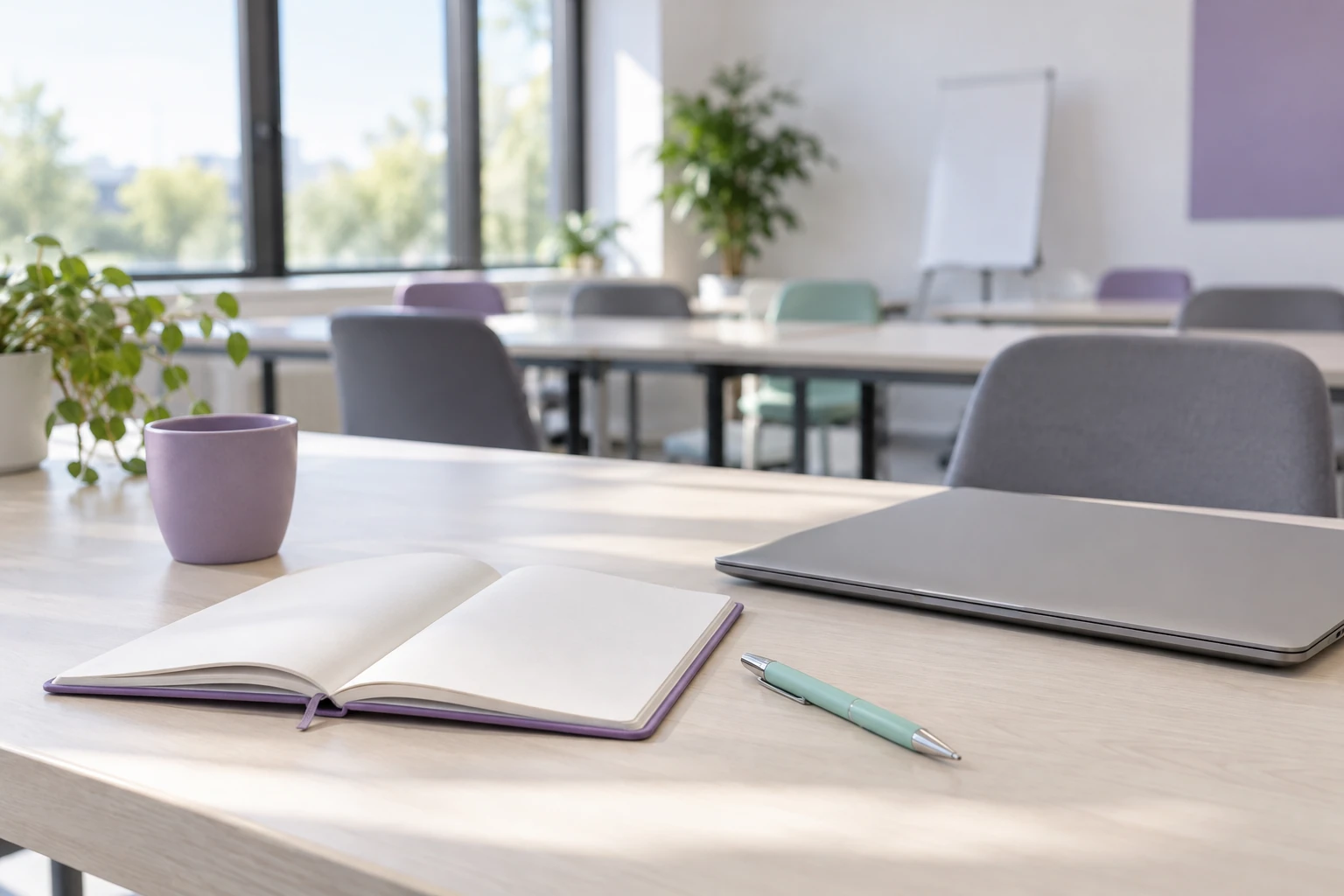 Salle de formation lumineuse avec carnet ouvert, stylo, tasse et ordinateur fermé